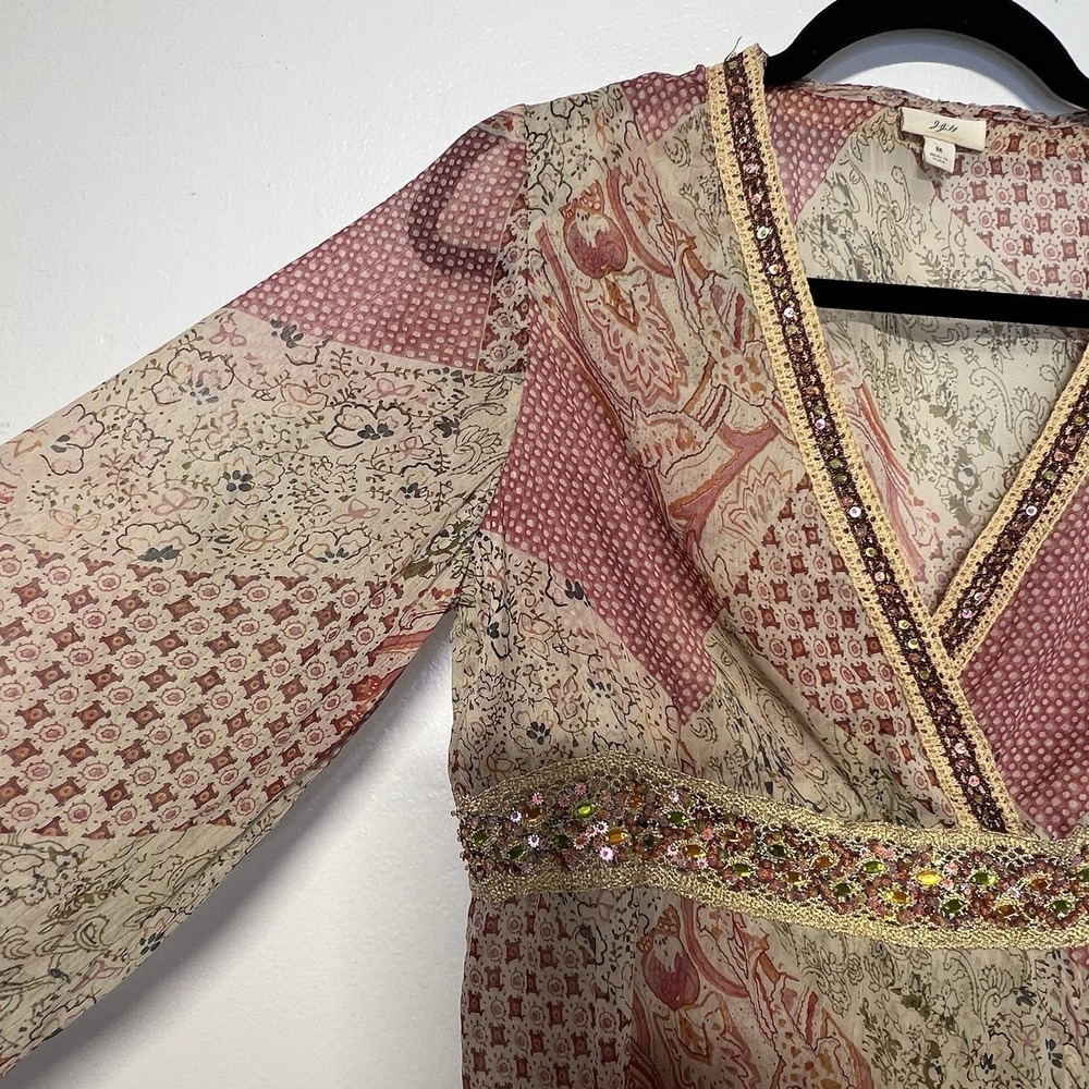 J. Jill Pink Patchwork Pattern Jewel Sheer V-Neck Long Sleeve Blouse Sz M Fairy - Picture 7 of 13